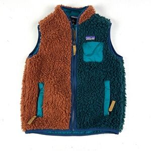 Patagonia Vest Jacket Deep Pile Fleece Full Zip Brown & Green